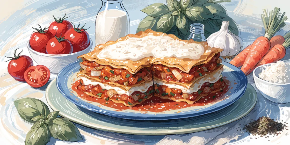 Rezeptillustration: vegane Lasagne mit Béchamelsoße, Tomaten und frischem Basilikum.