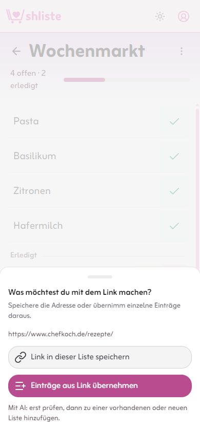 Link-Auswahl der echten shliste Web-App: Link in der Liste speichern oder Einträge daraus übernehmen.