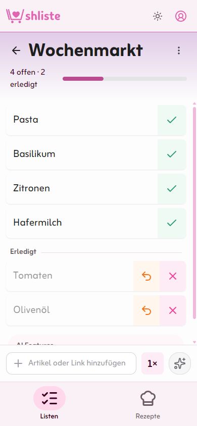 Die echte shliste Web-App mit einer Einkaufsliste aus Beispieldaten, offenen und erledigten Einträgen.